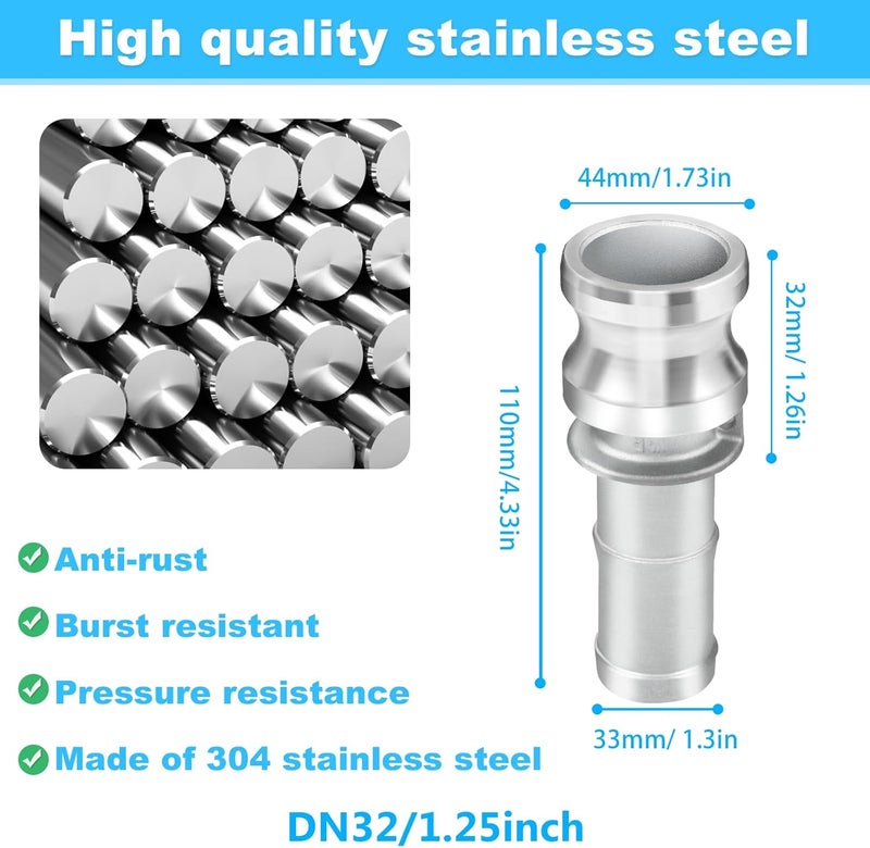 GUXGUY 1-1/4" (2pcs) Type E Camlock Hose Fitting, Stainless Steel, Silver, 1.25" I.D. x 1.25" O.D., Coupler & Hose Shank, 2-Pack - Image 3